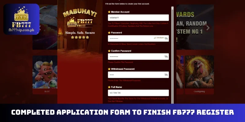 Completed application form to finish FB777 register