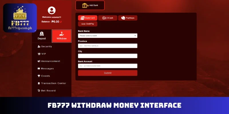 FB777 withdraw money interface