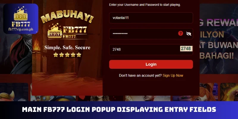 Main FB777 login popup displaying entry fields
