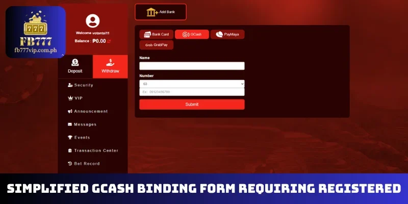 Simplified GCash binding form requiring registered names plus mobile numbers