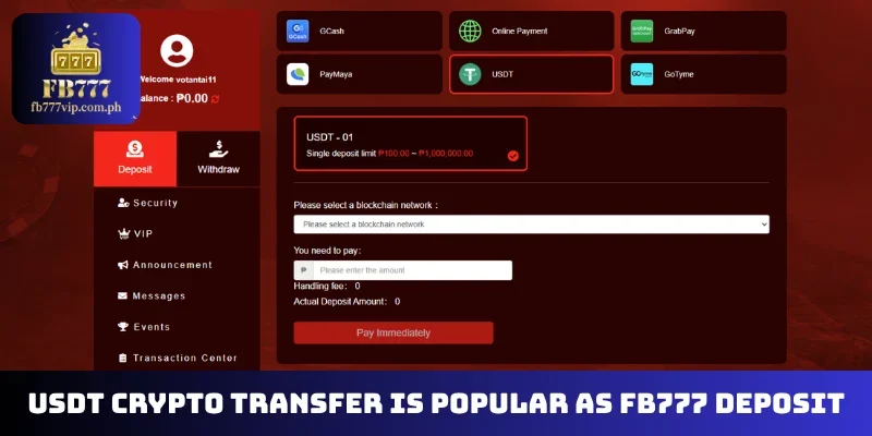 USDT crypto transfer is popular as FB777 deposit
