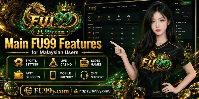 Main FU99 features for Malaysian users including mobile compatibility, secure access, intuitive navigation, and diverse entertainment services.